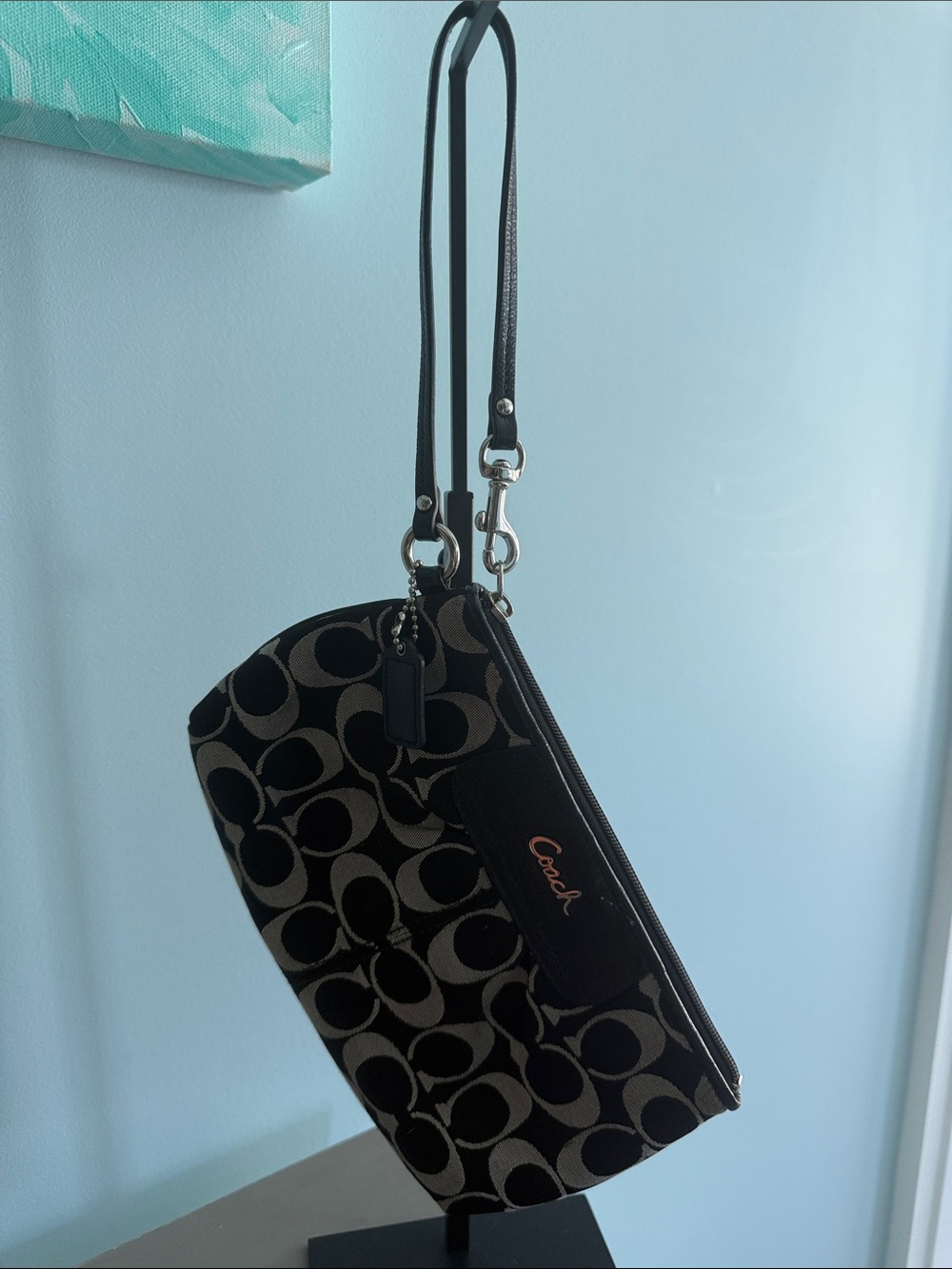 Coach Black & Tan Signature Canvas Wristlet with Leather Strap